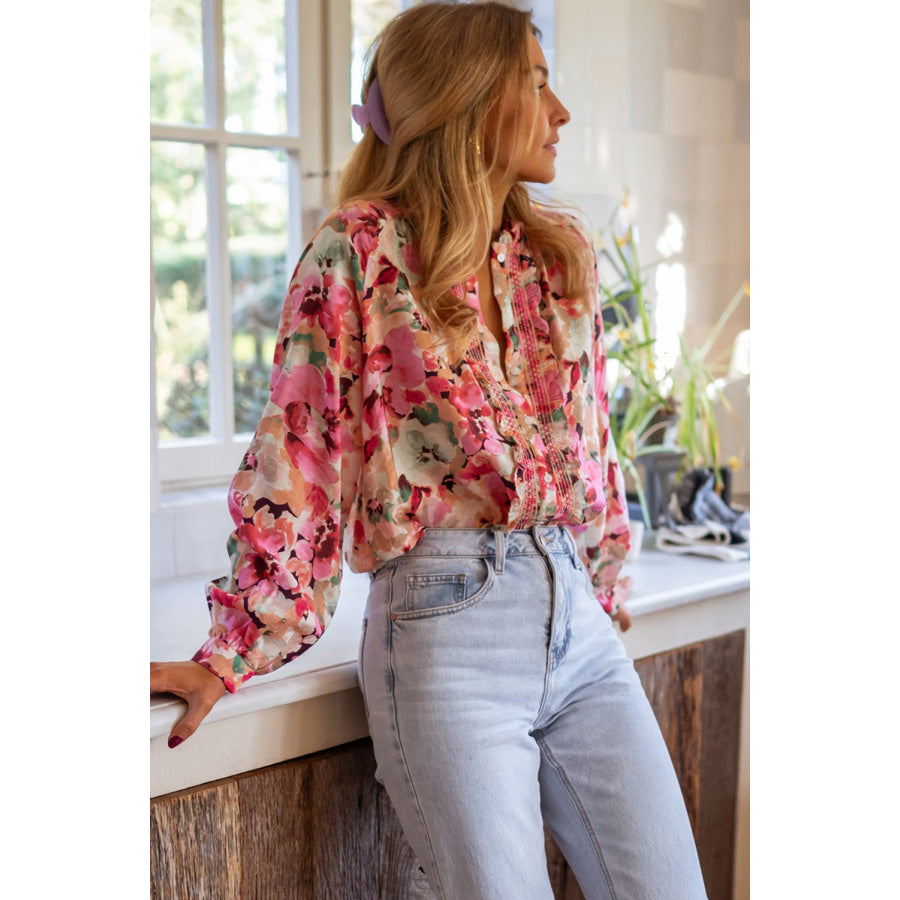 Frill Floral Button Down Long Sleeve Shirt Apparel and Accessories