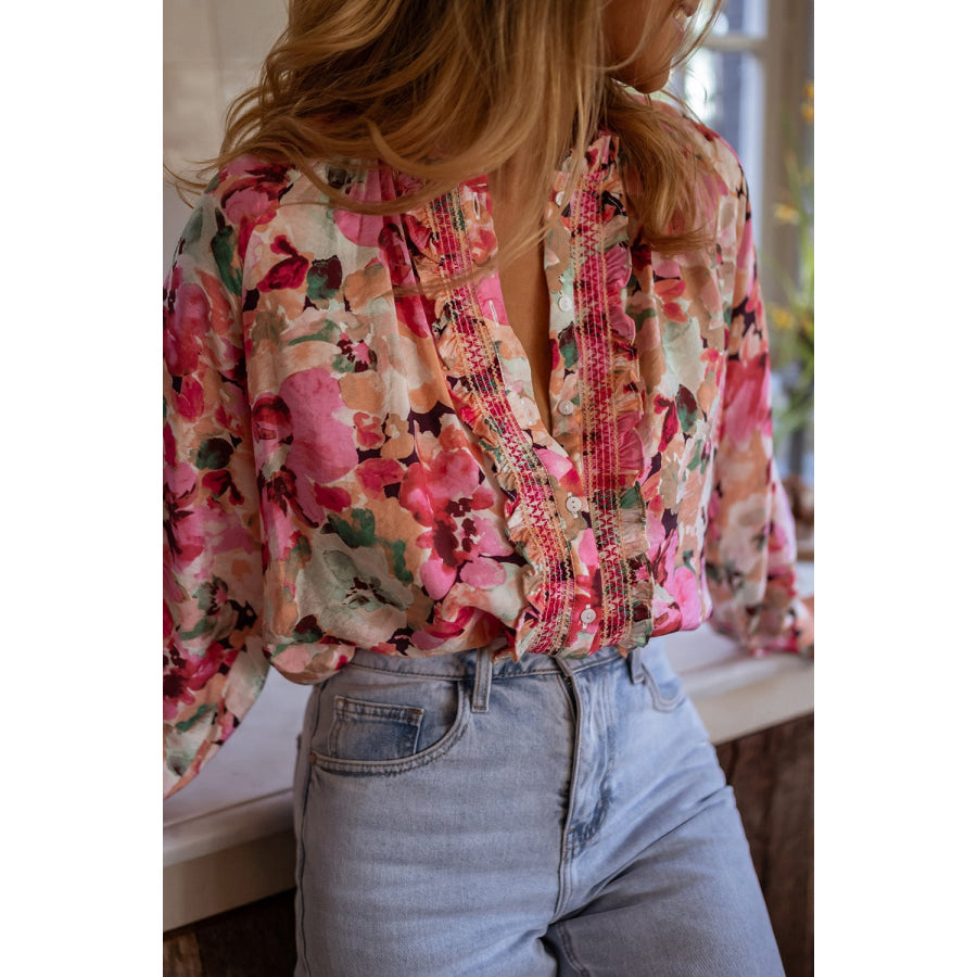 Frill Floral Button Down Long Sleeve Shirt Pink / S Apparel and Accessories