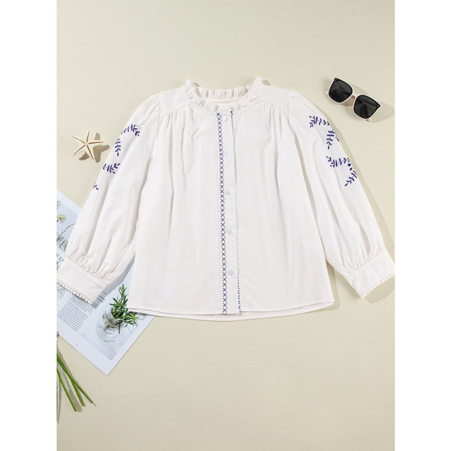 Frill Floral Embroidered Sleeve Shirt Apparel and Accessories