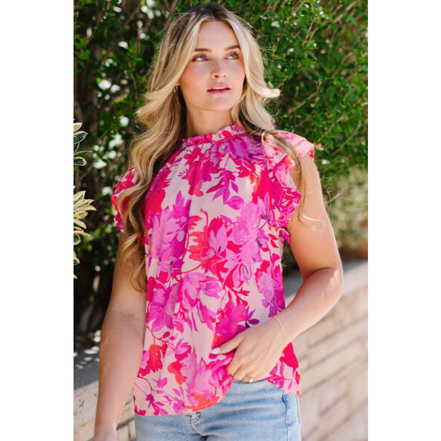 Frill Floral Mock Neck Cap Sleeve Blouse Hot Pink / S Apparel and Accessories