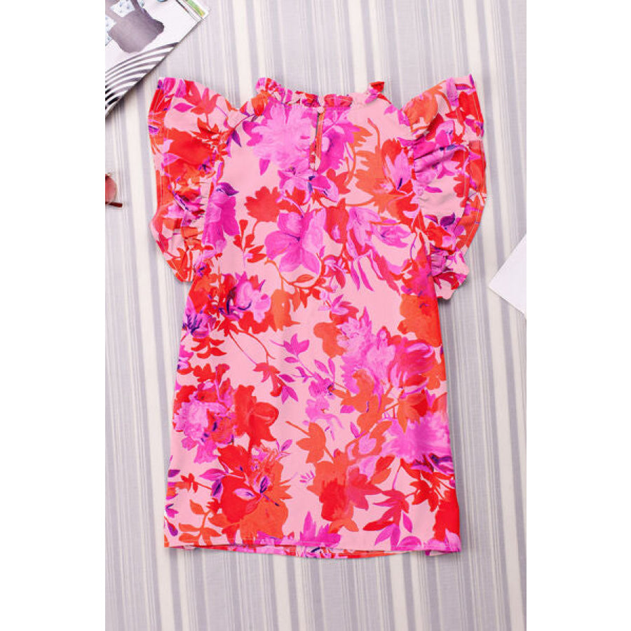 Frill Floral Mock Neck Cap Sleeve Blouse Apparel and Accessories