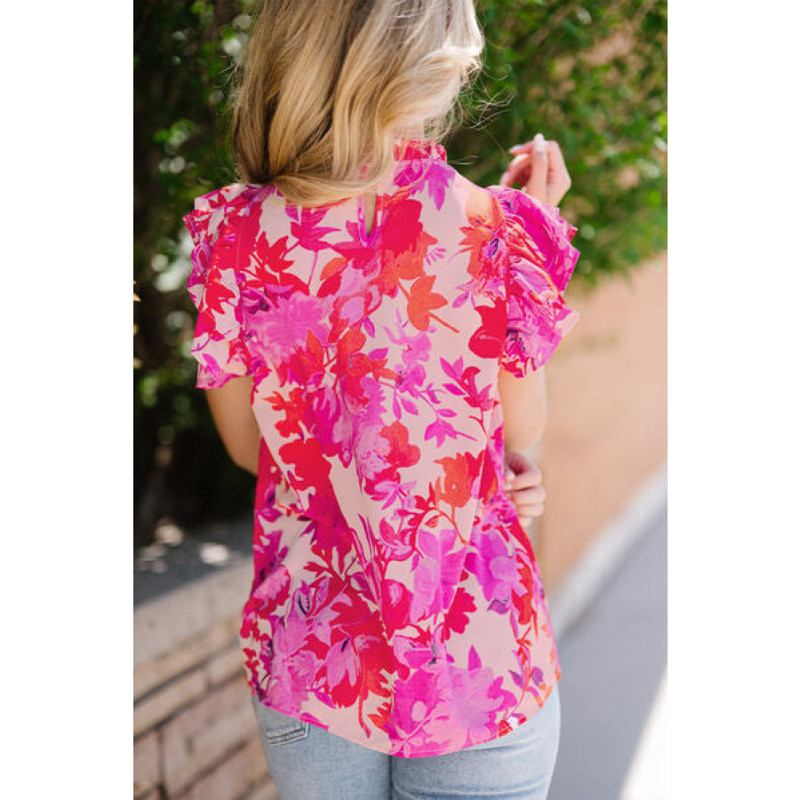 Frill Floral Mock Neck Cap Sleeve Blouse Apparel and Accessories