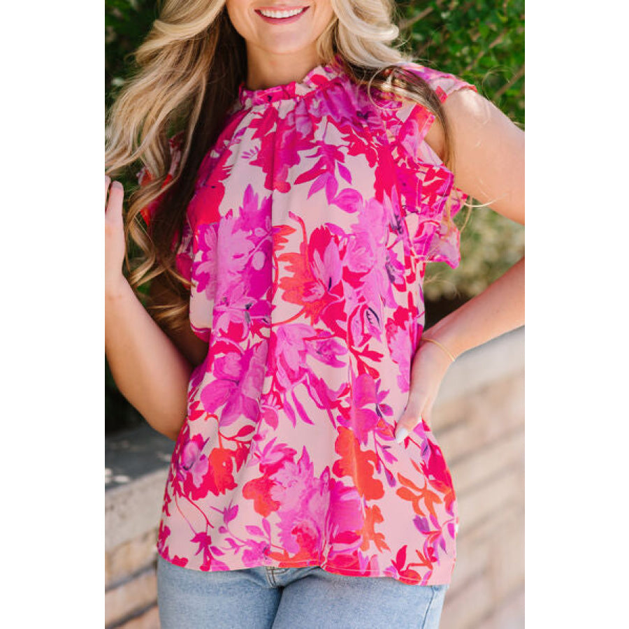 Frill Floral Mock Neck Cap Sleeve Blouse Hot Pink / S Apparel and Accessories