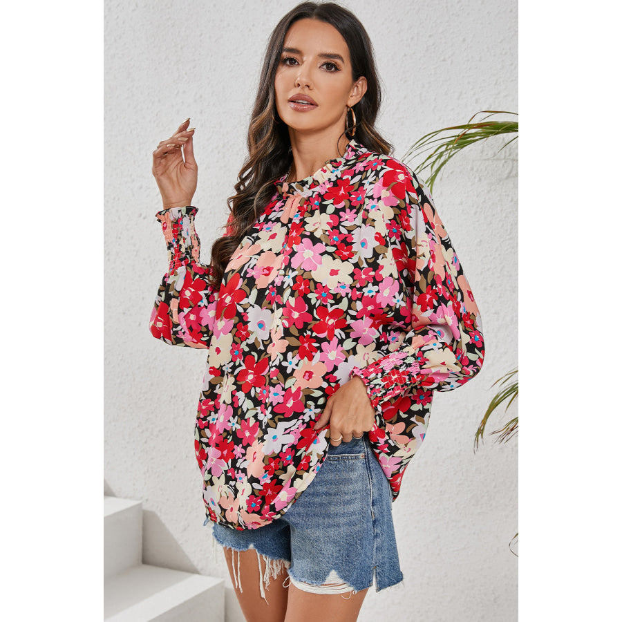 Frill Floral Mock Neck Lantern Sleeve Blouse Apparel and Accessories