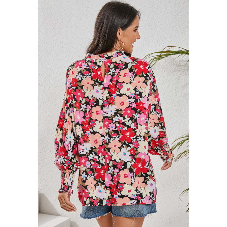 Frill Floral Mock Neck Lantern Sleeve Blouse Apparel and Accessories