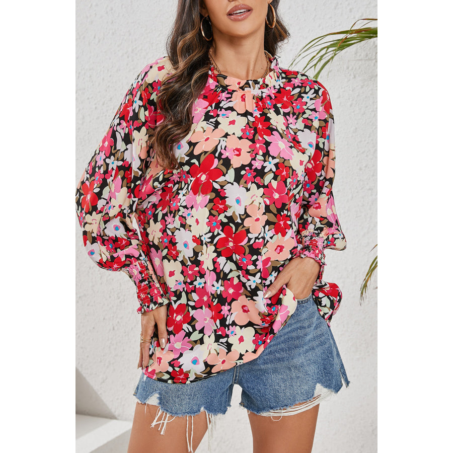 Frill Floral Mock Neck Lantern Sleeve Blouse Floral / S Apparel and Accessories