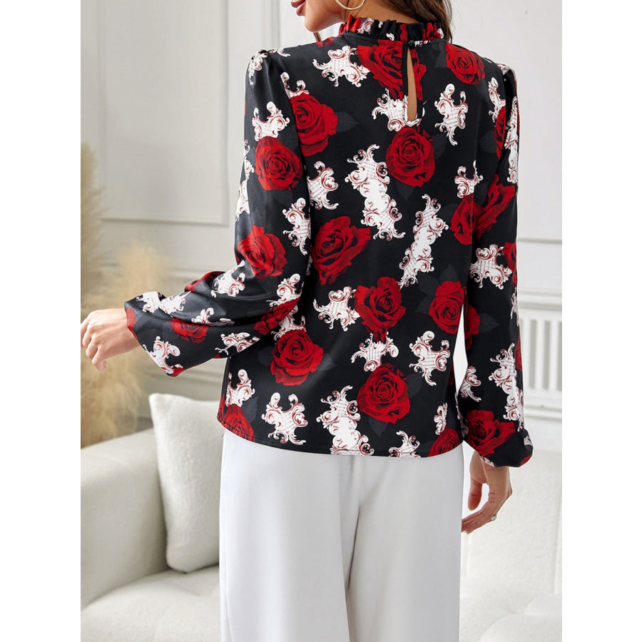 Frill Floral Mock Neck Long Sleeve Top Apparel and Accessories
