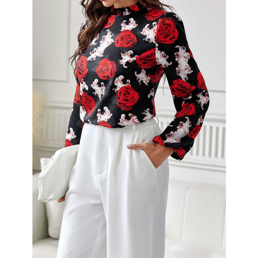 Frill Floral Mock Neck Long Sleeve Top Apparel and Accessories