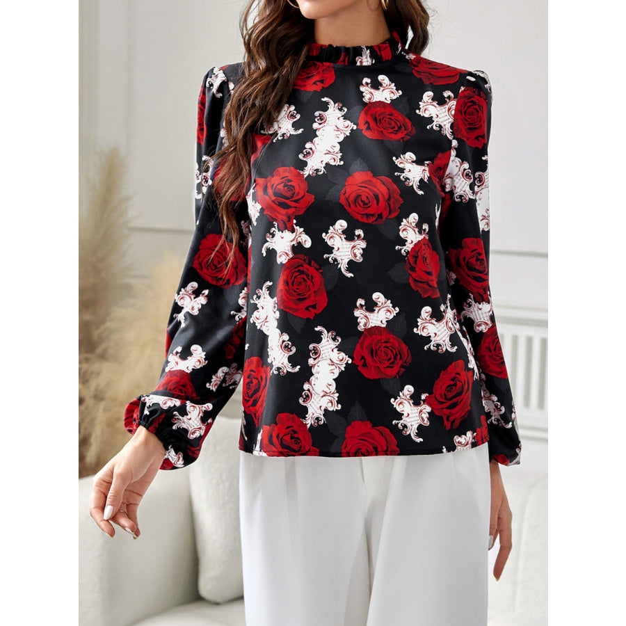 Frill Floral Mock Neck Long Sleeve Top Rust / S Apparel and Accessories