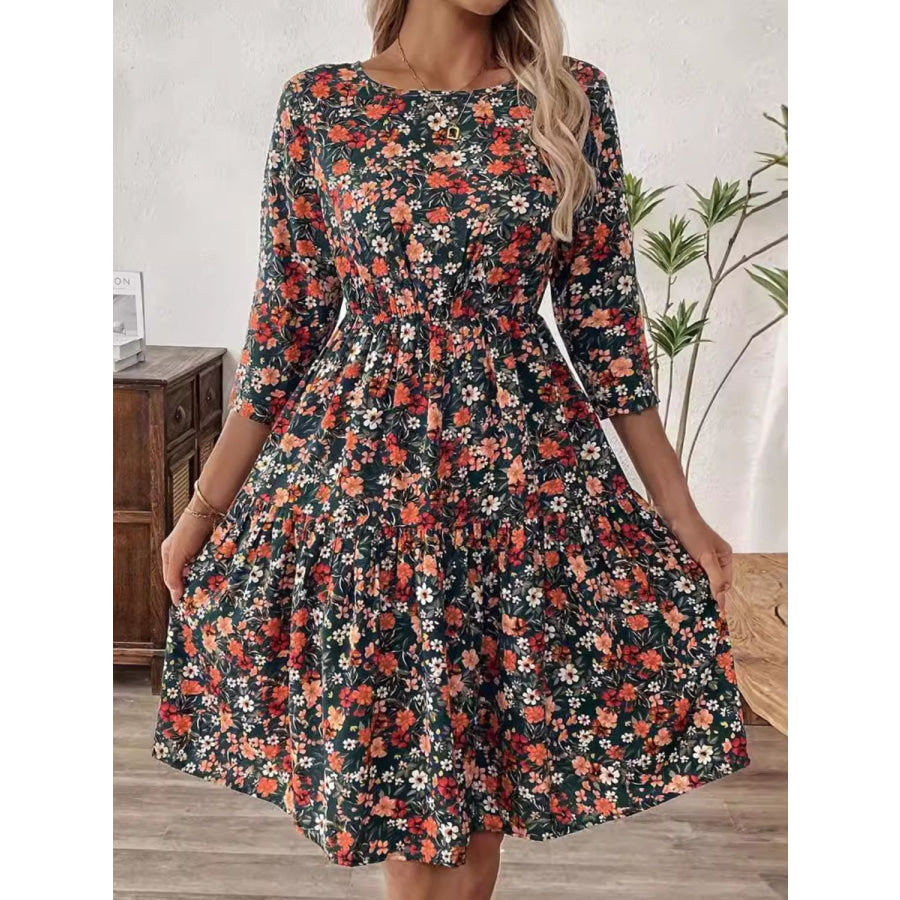 Frill Floral Round Neck Dress Apparel and Accessories