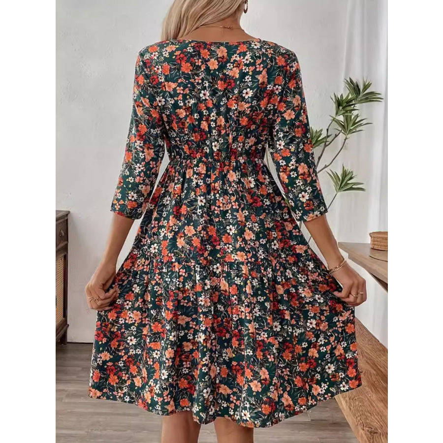 Frill Floral Round Neck Dress Apparel and Accessories