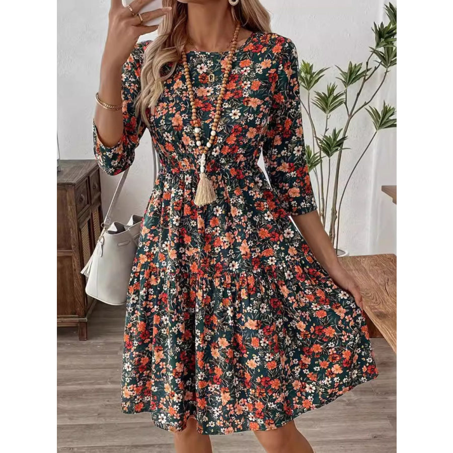 Frill Floral Round Neck Dress Apparel and Accessories