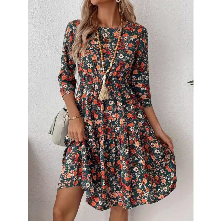 Frill Floral Round Neck Dress Black Forest / S Apparel and Accessories