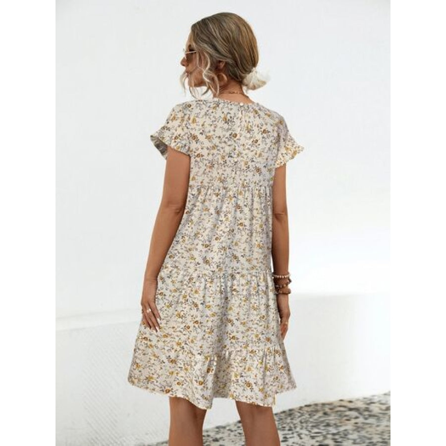 Frill Floral Round Neck Short Sleeve Tiered Dress Apparel and Accessories