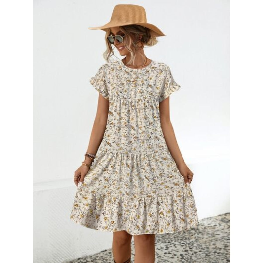 Frill Floral Round Neck Short Sleeve Tiered Dress Apparel and Accessories