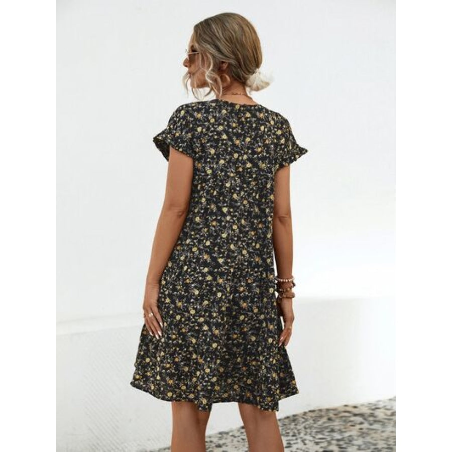 Frill Floral Round Neck Short Sleeve Tiered Dress Apparel and Accessories