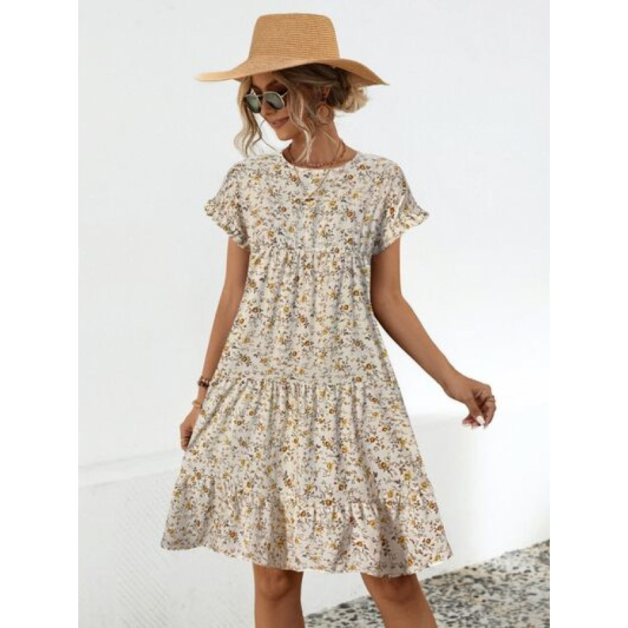 Frill Floral Round Neck Short Sleeve Tiered Dress Apparel and Accessories