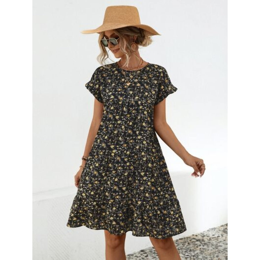 Frill Floral Round Neck Short Sleeve Tiered Dress Apparel and Accessories