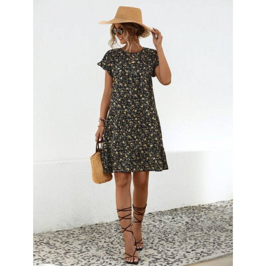 Frill Floral Round Neck Short Sleeve Tiered Dress Apparel and Accessories