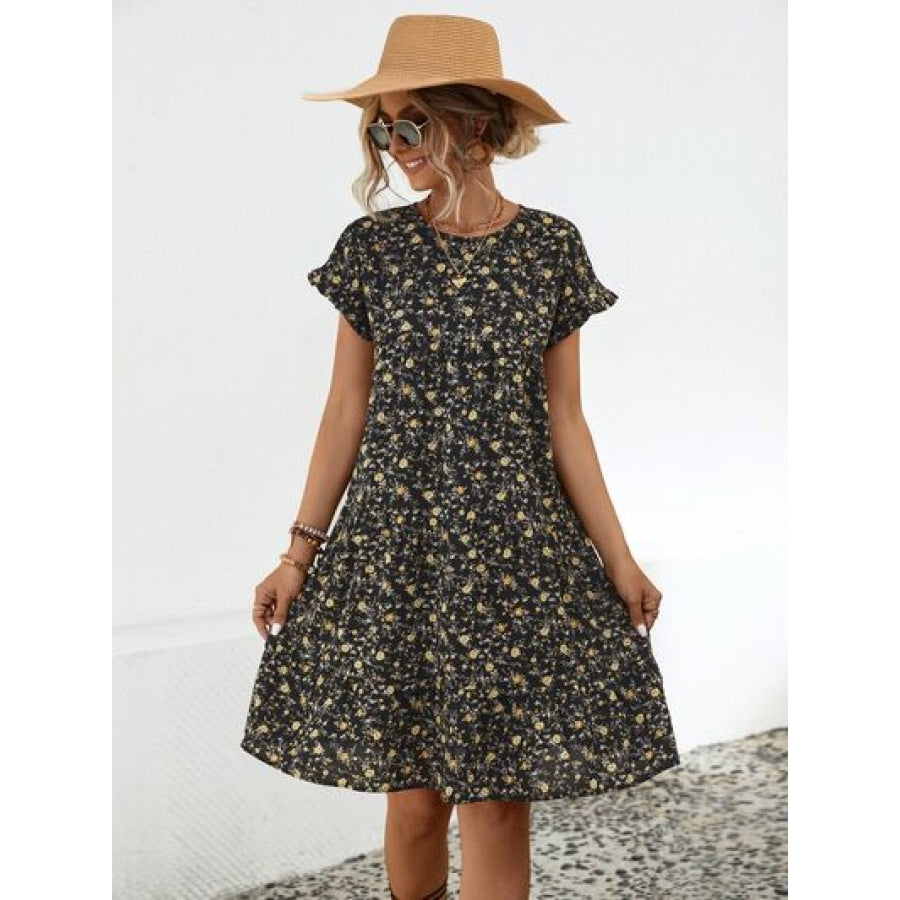 Frill Floral Round Neck Short Sleeve Tiered Dress Apparel and Accessories