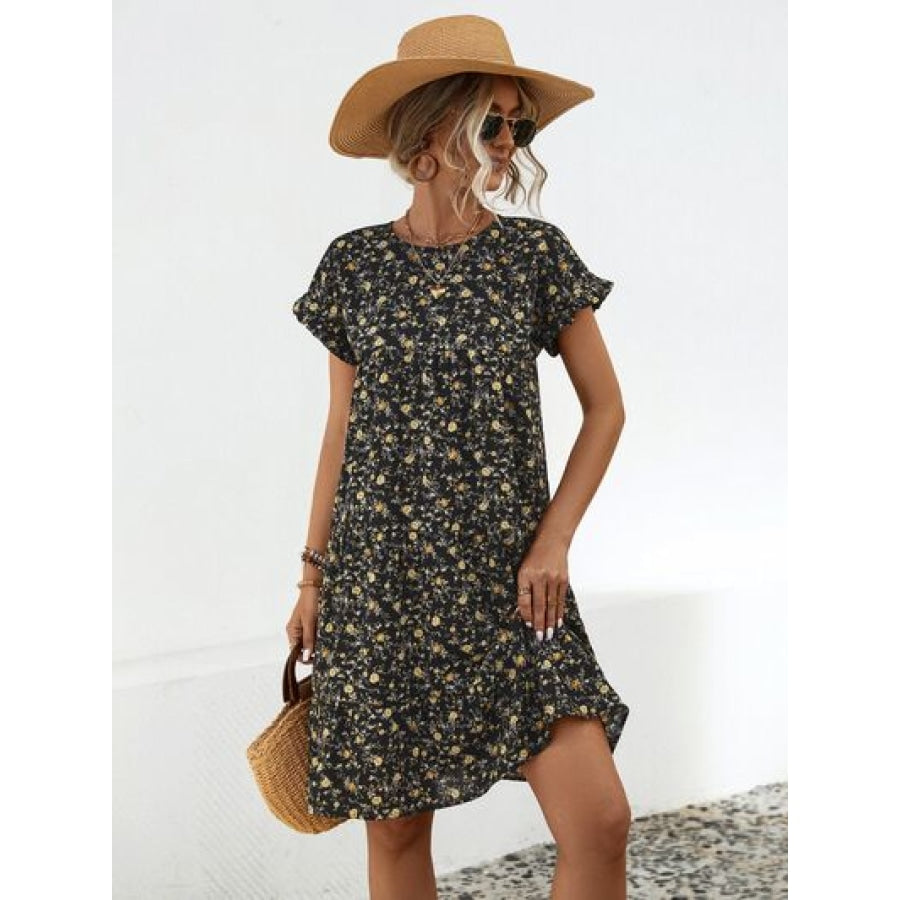 Frill Floral Round Neck Short Sleeve Tiered Dress Black / S Apparel and Accessories