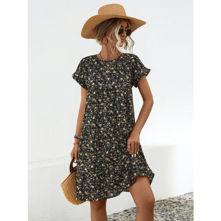 Frill Floral Round Neck Short Sleeve Tiered Dress Black / XL Apparel and Accessories