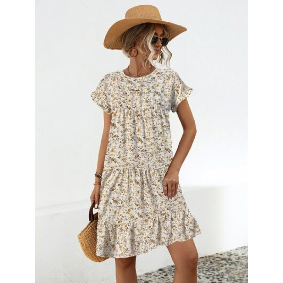 Frill Floral Round Neck Short Sleeve Tiered Dress Sand / S Apparel and Accessories