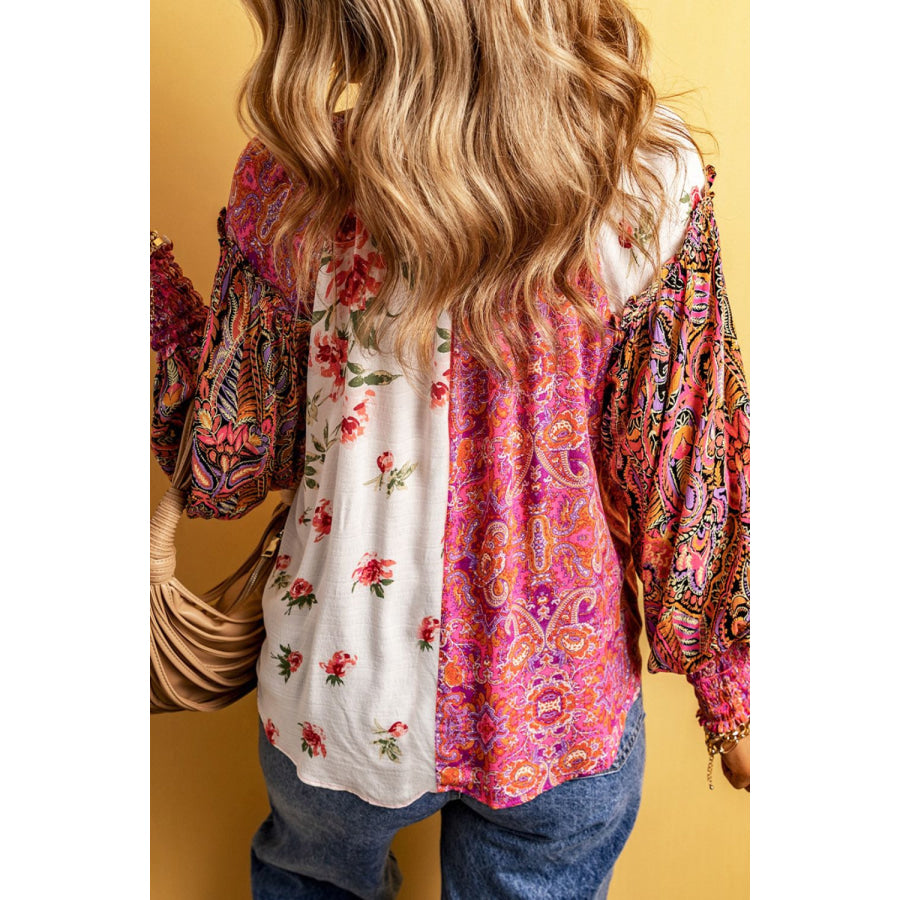 Frill Floral Shirred Cuff Long Sleeve Blouse Apparel and Accessories