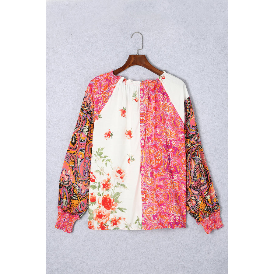 Frill Floral Shirred Cuff Long Sleeve Blouse Apparel and Accessories