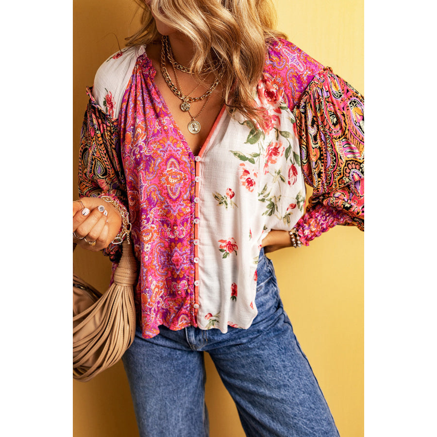 Frill Floral Shirred Cuff Long Sleeve Blouse Apparel and Accessories