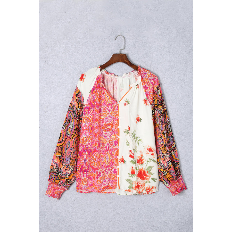 Frill Floral Shirred Cuff Long Sleeve Blouse Apparel and Accessories