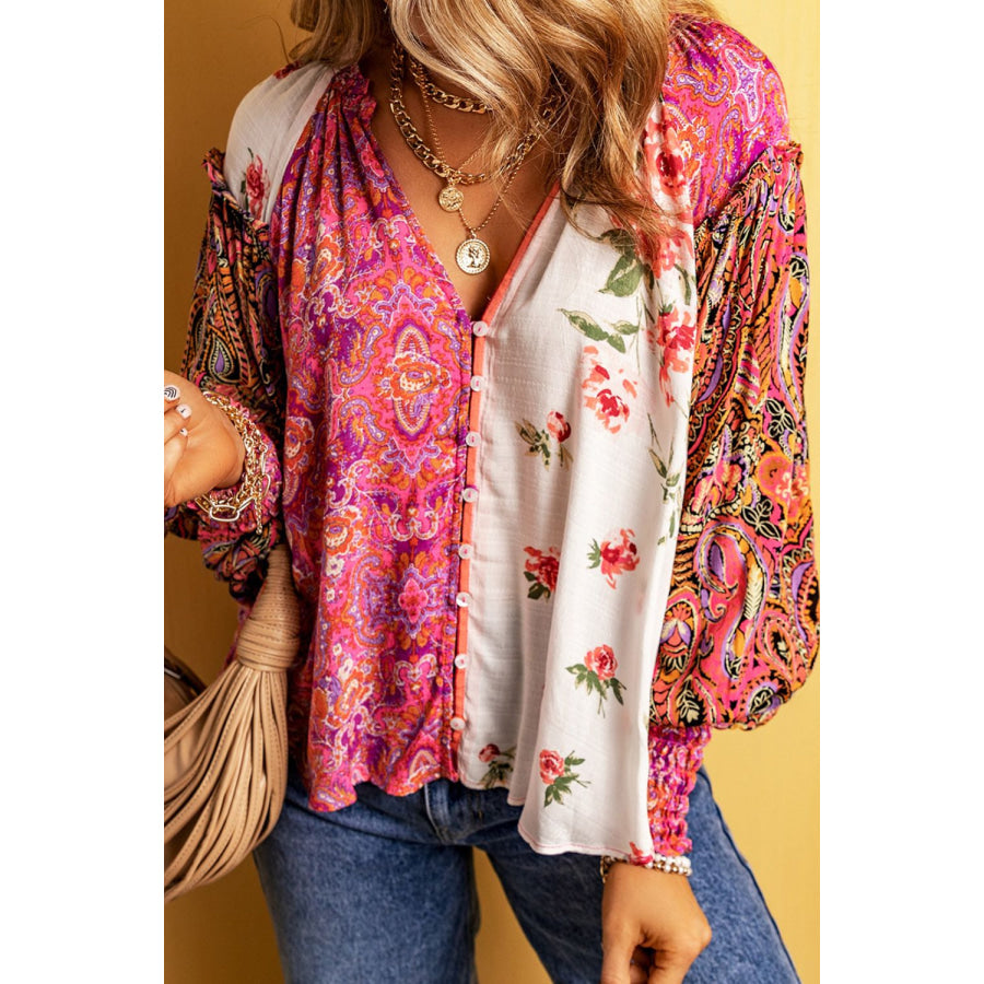 Frill Floral Shirred Cuff Long Sleeve Blouse Apparel and Accessories