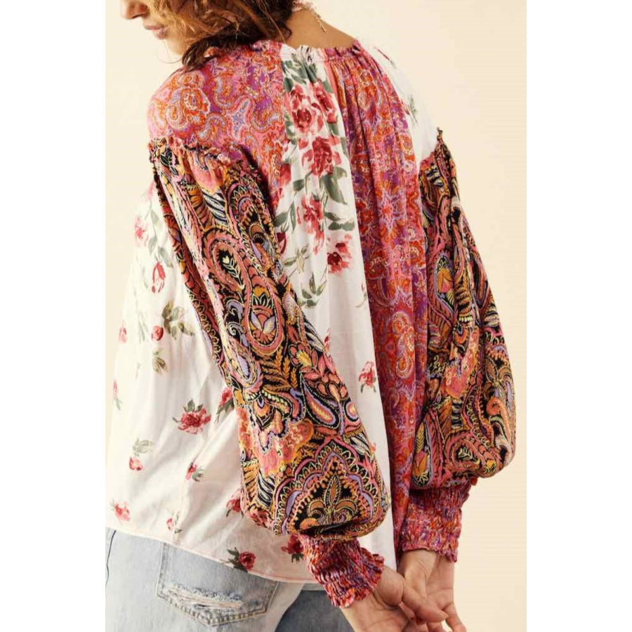 Frill Floral Shirred Cuff Long Sleeve Blouse Apparel and Accessories