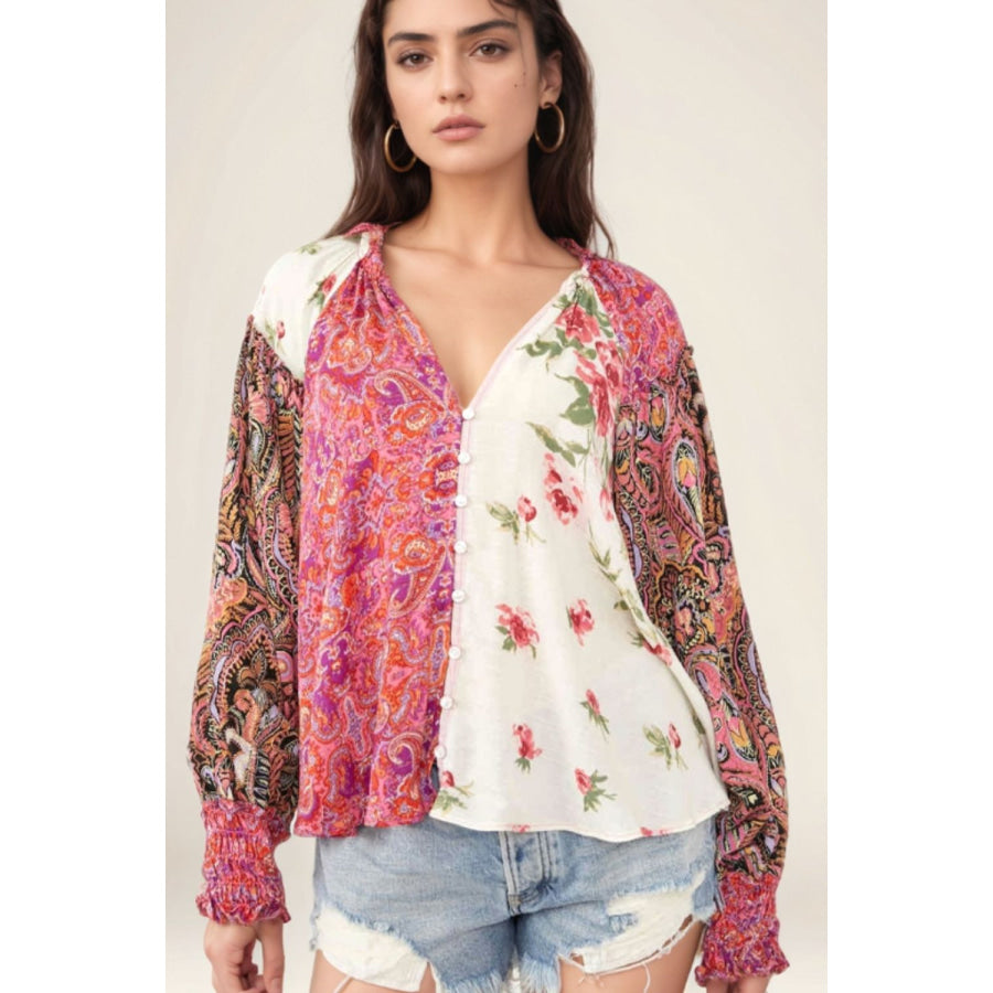 Frill Floral Shirred Cuff Long Sleeve Blouse Apparel and Accessories