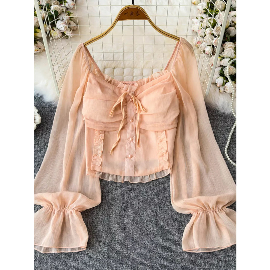 Frill Flounce Sleeve Blouse Watermelon pink / One Size Apparel and Accessories