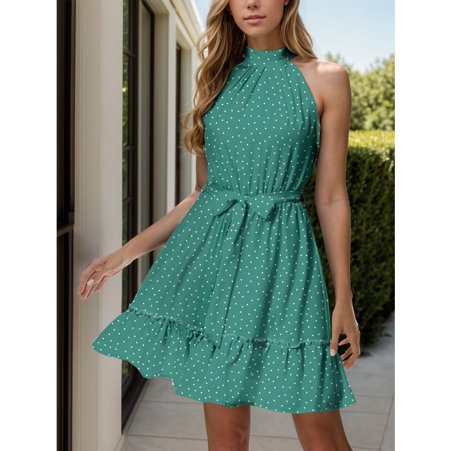 Frill Grecian Neck Tie Waist Mini Dress Turquoise / M Apparel and Accessories