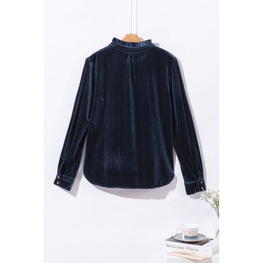 Frill Half Button Mock Neck Long Sleeve Blouse Apparel and Accessories