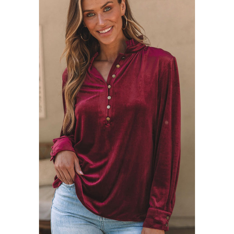 Frill Half Button Mock Neck Long Sleeve Blouse Apparel and Accessories