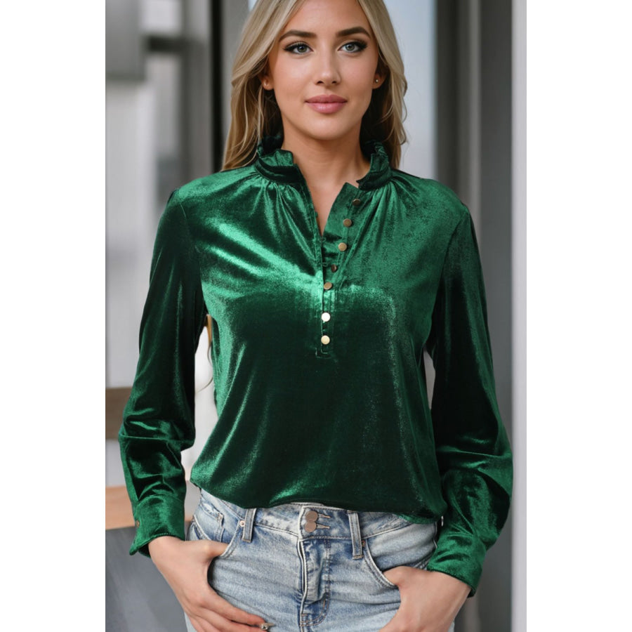 Frill Half Button Mock Neck Long Sleeve Blouse Apparel and Accessories