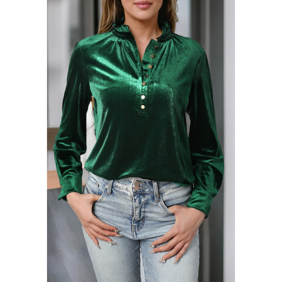 Frill Half Button Mock Neck Long Sleeve Blouse Apparel and Accessories