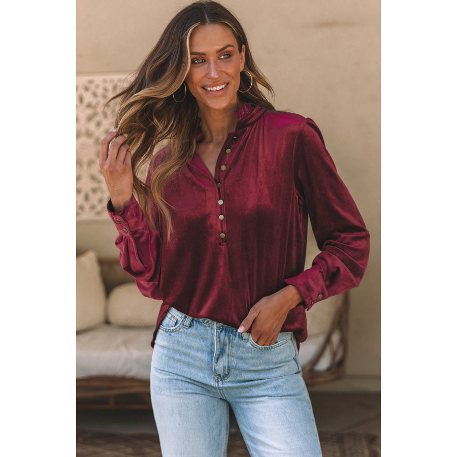 Frill Half Button Mock Neck Long Sleeve Blouse Apparel and Accessories