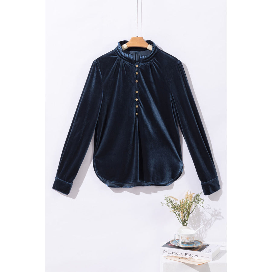 Frill Half Button Mock Neck Long Sleeve Blouse Apparel and Accessories