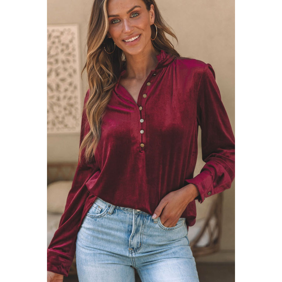 Frill Half Button Mock Neck Long Sleeve Blouse Burgundy / M Apparel and Accessories