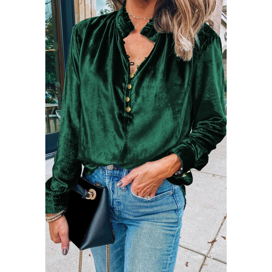 Frill Half Button Mock Neck Long Sleeve Blouse Dark Green / M Apparel and Accessories