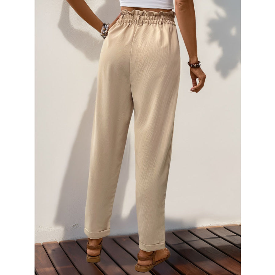 Frill High Waist Pants with Pockets Tan / S Apparel and Accessories