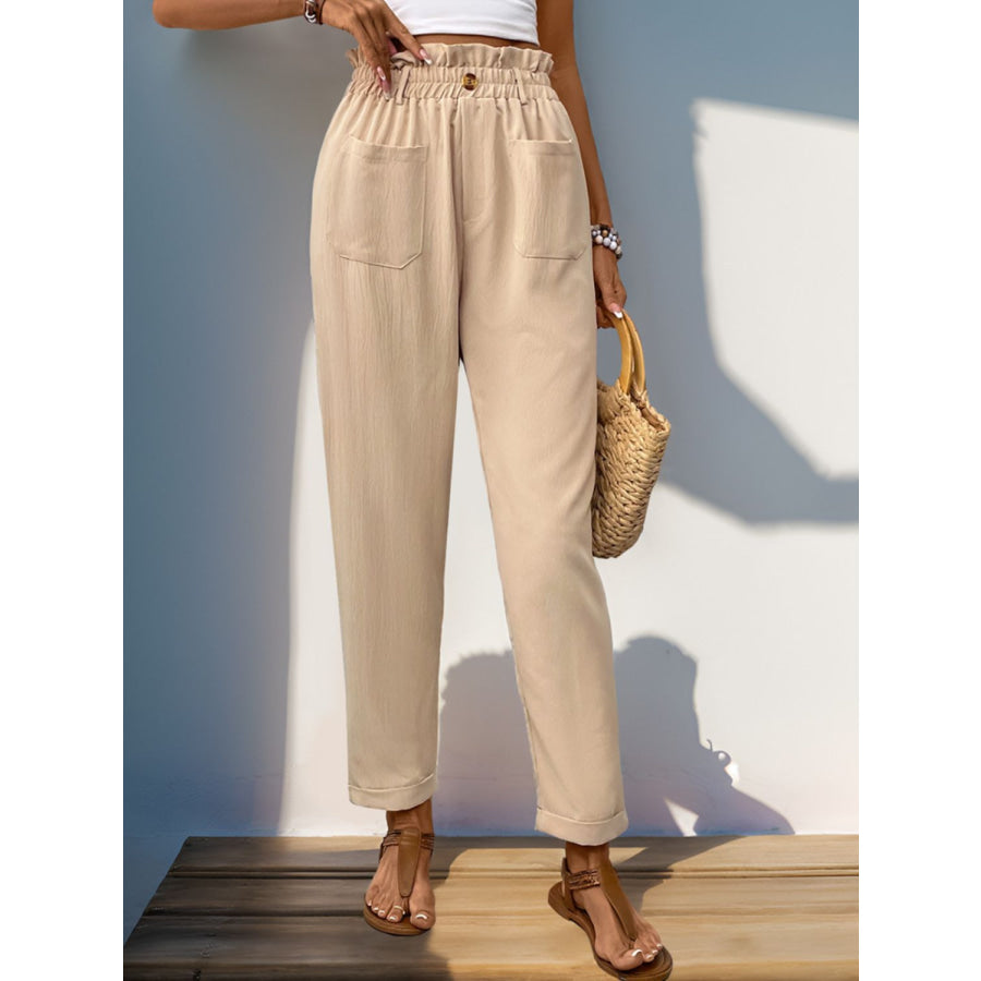 Frill High Waist Pants with Pockets Tan / S Apparel and Accessories