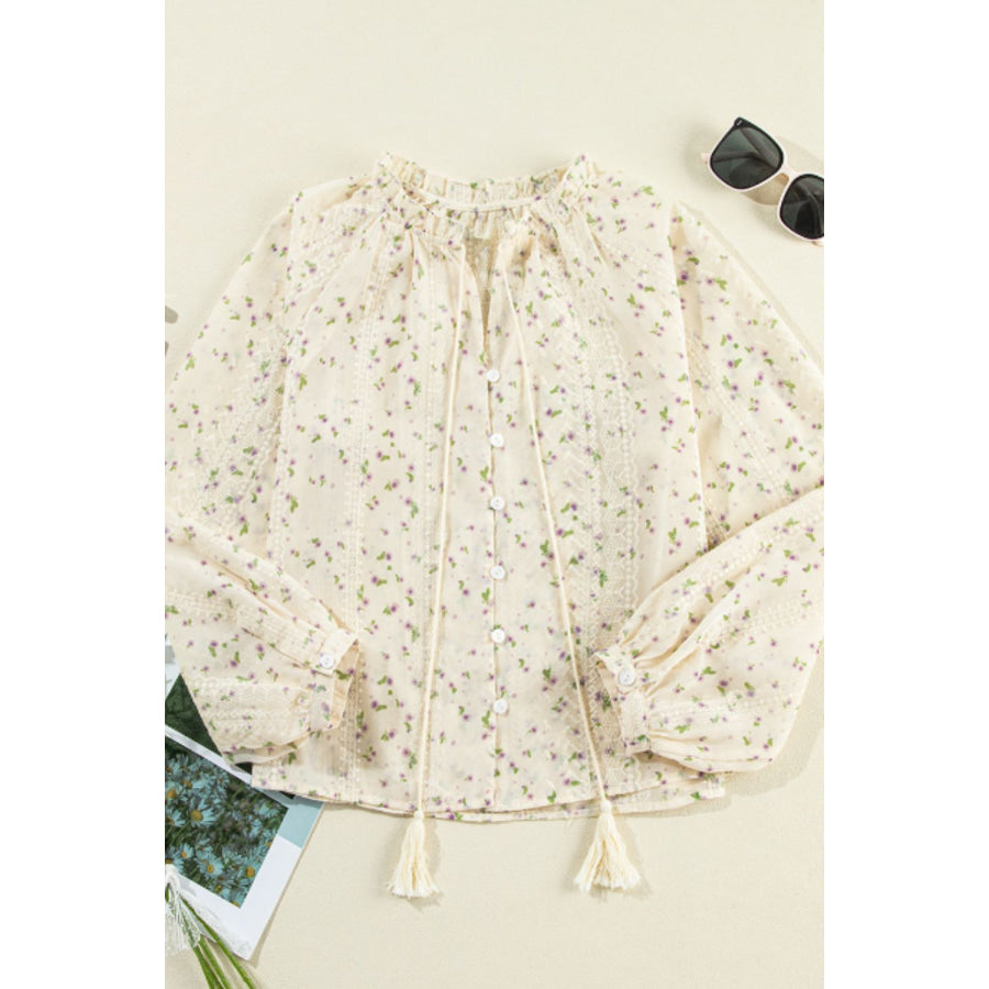 Frill Lace Detail Printed Tie Neck Long Sleeve Blouse Apparel and Accessories