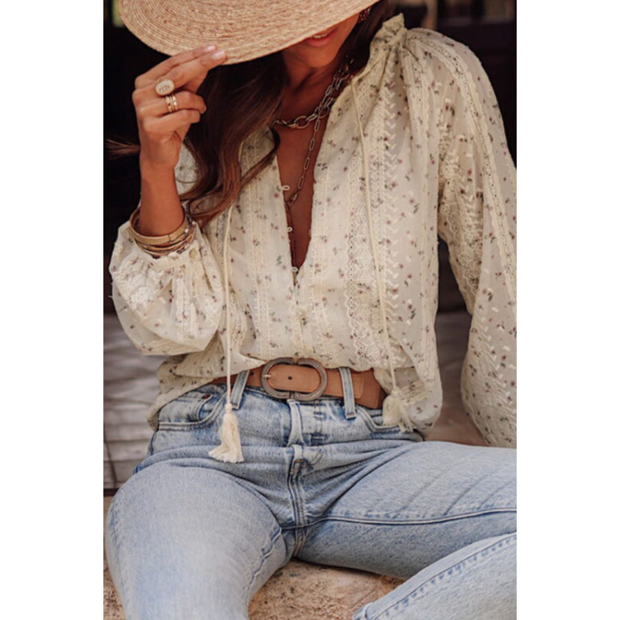 Frill Lace Detail Printed Tie Neck Long Sleeve Blouse Apparel and Accessories