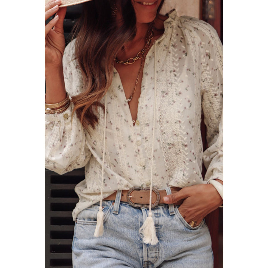 Frill Lace Detail Printed Tie Neck Long Sleeve Blouse Apparel and Accessories