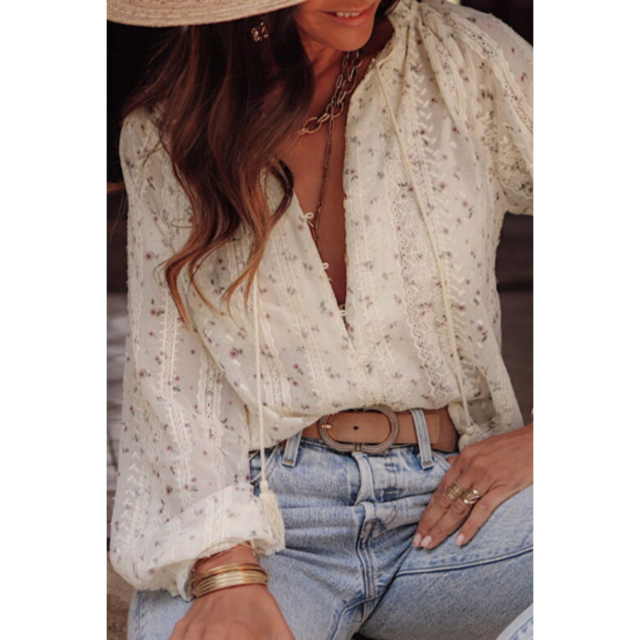 Frill Lace Detail Printed Tie Neck Long Sleeve Blouse White / M Apparel and Accessories